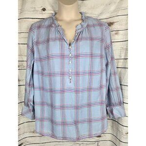 Talbots Blue Plaid Popover Ruffle Neck Blouse Top 2X 100% Cotton Tunic